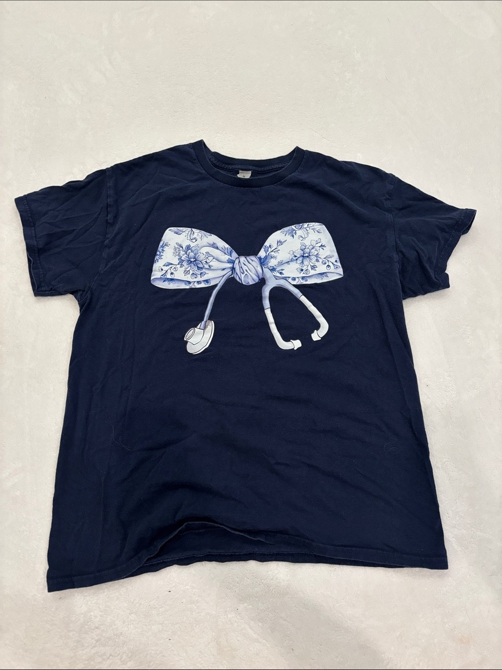 Gildan Navy Tee with Light Blue Floral Bow and Stethoscope Graphic